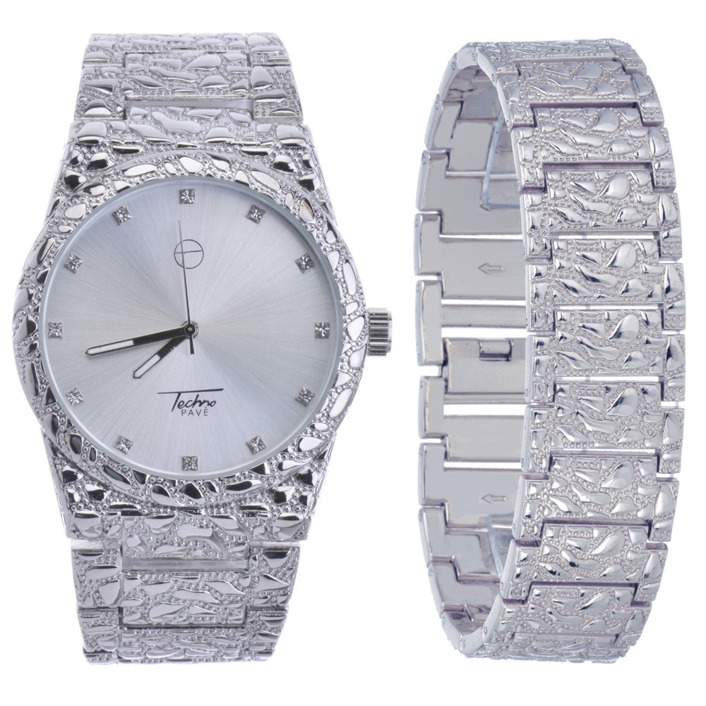 Mens 14K White Gold PT Iced Out Watch and Bracelet